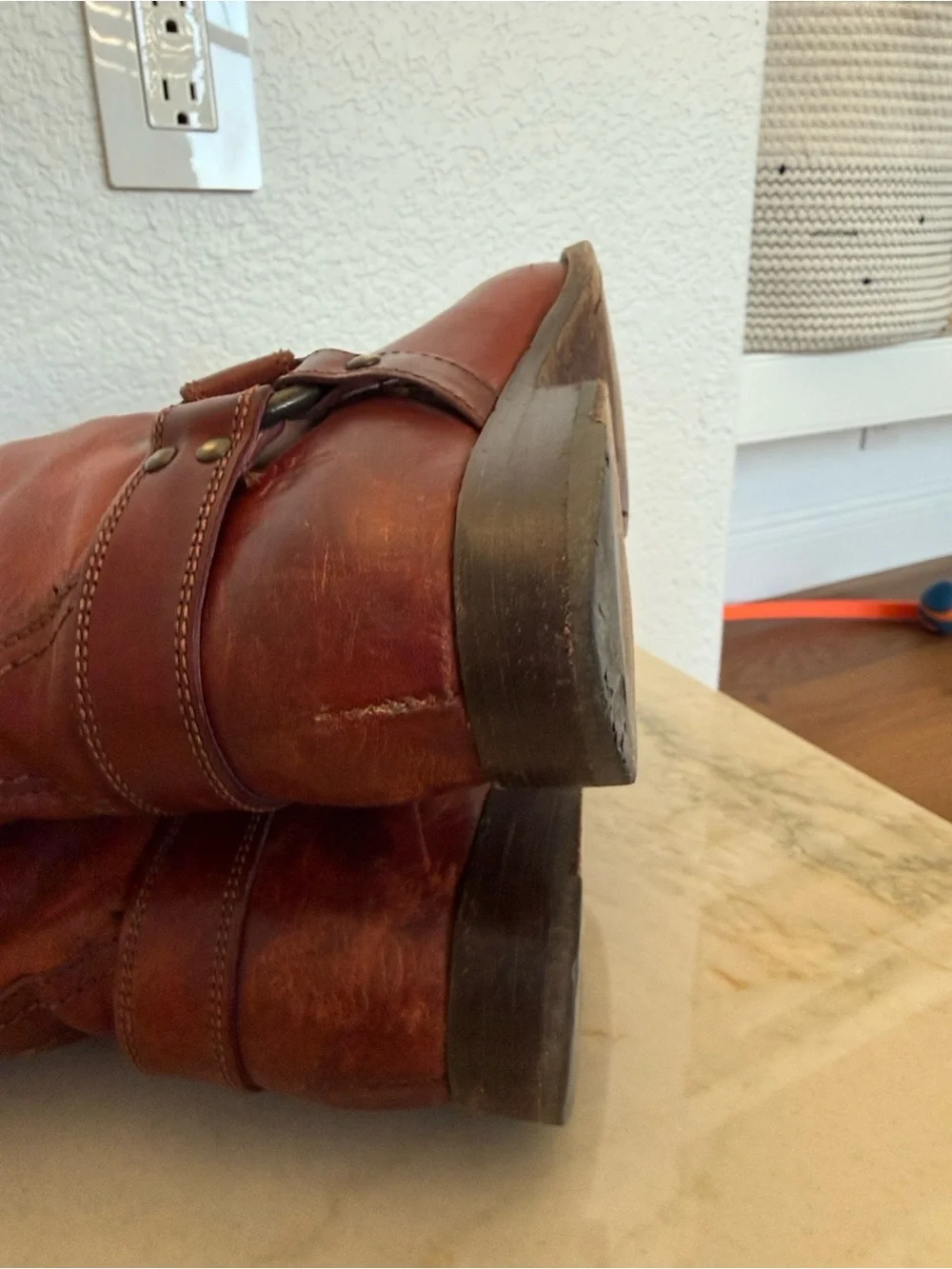 Frye Melissa Harness Leather Riding Boots in a reddish-brown color